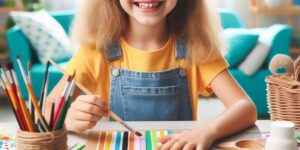 Mädchen, das freudestrahlend bastelt bei Workshops von Nadines Wichtel.Club