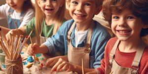 Ferienbetreuung in Nadines Wichtel.Club: Kinder die gemeinsam basteln und backen