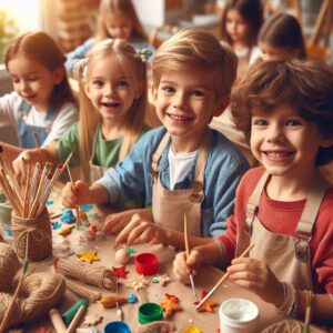 Ferienbetreuung in Nadines Wichtel.Club: Kinder die gemeinsam basteln und backen