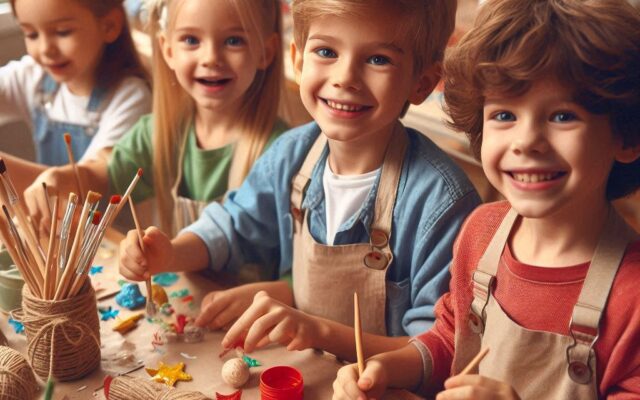 Ferienbetreuung in Nadines Wichtel.Club: Kinder die gemeinsam basteln und backen