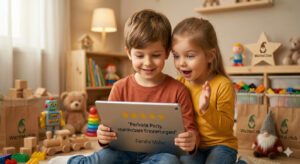 Zwei Kinder betrachten unsere Kundenbewertungen